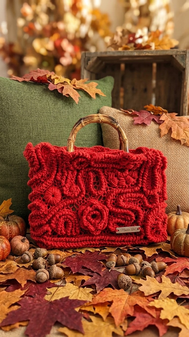 Sculptural red crochet handbag with natural bamboo handle and rose motifs