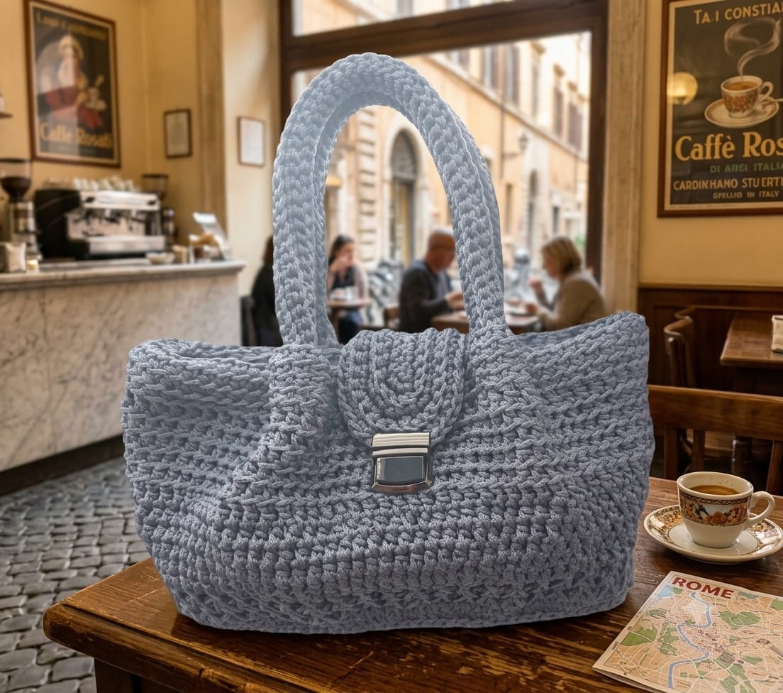 Light blue woven tote bag with chrome lock closure