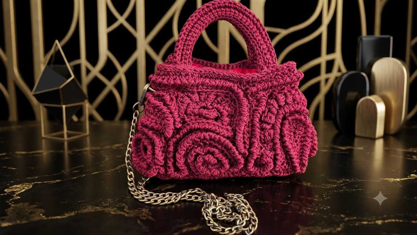 Magenta sculpted crochet handbag with gold chain strap