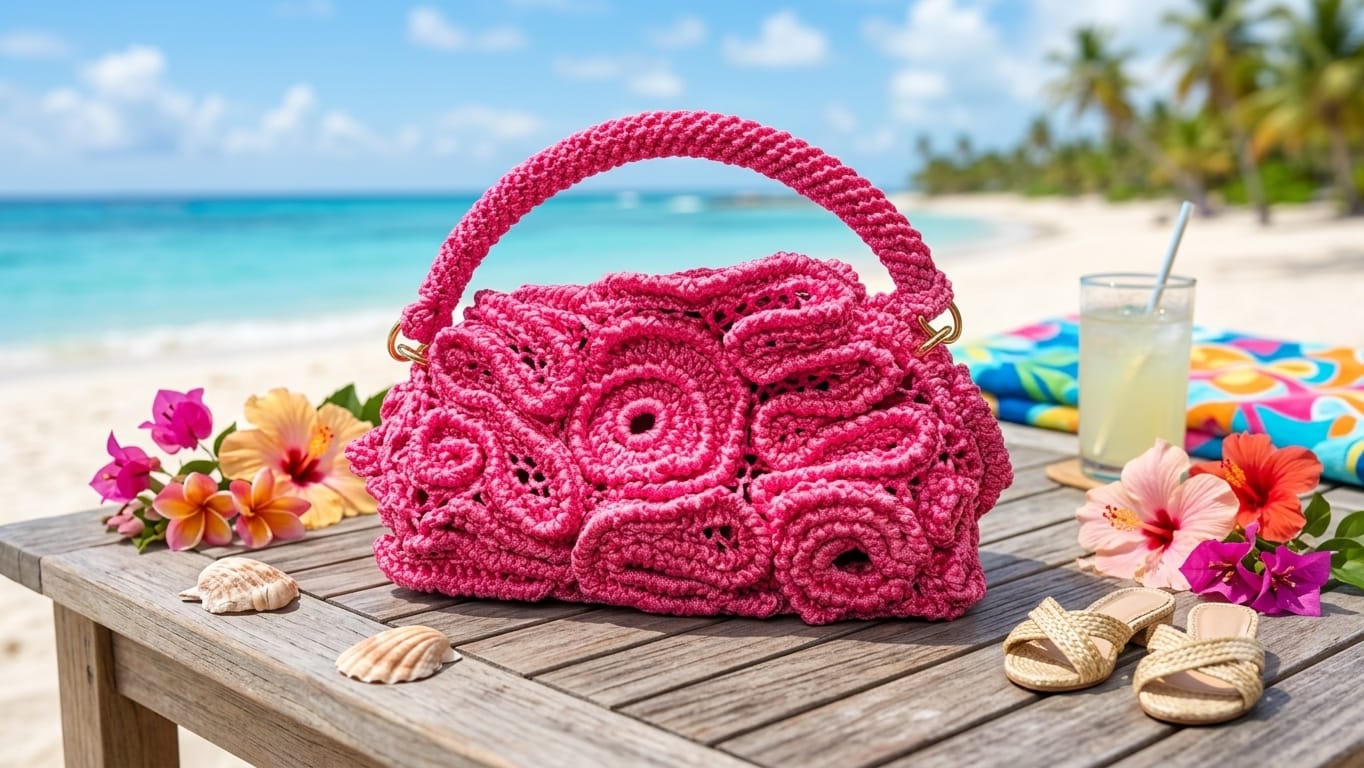 Vibrant fuchsia pink crochet floral tote bag