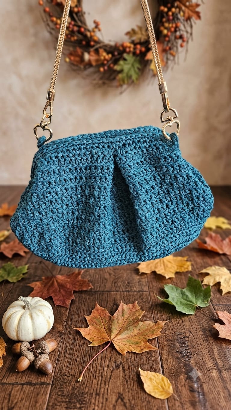 Peacock teal crochet pleated clutch with gold heart chain strap