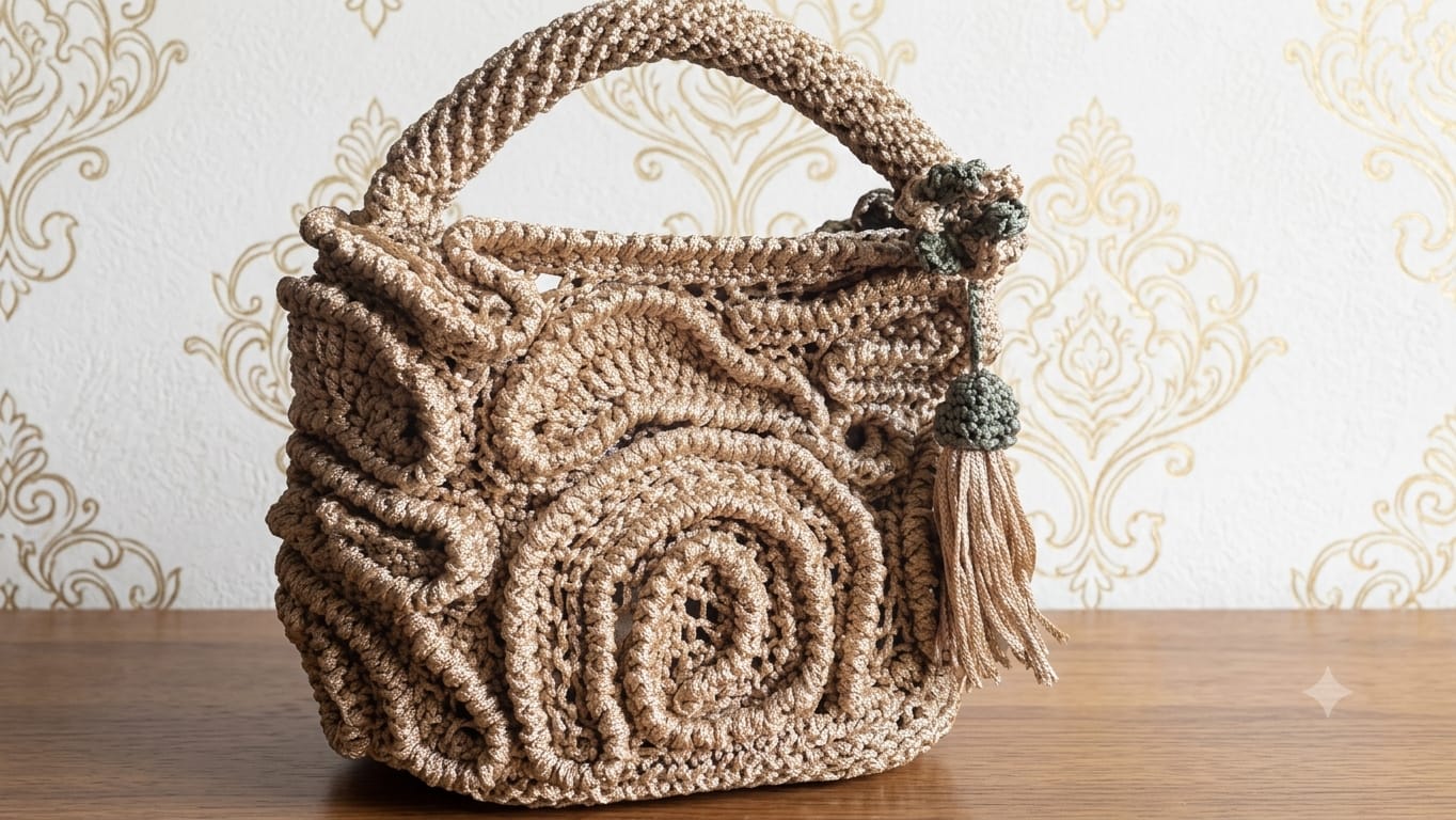 Champagne taupe sculpted floral crochet tote with tassel charm