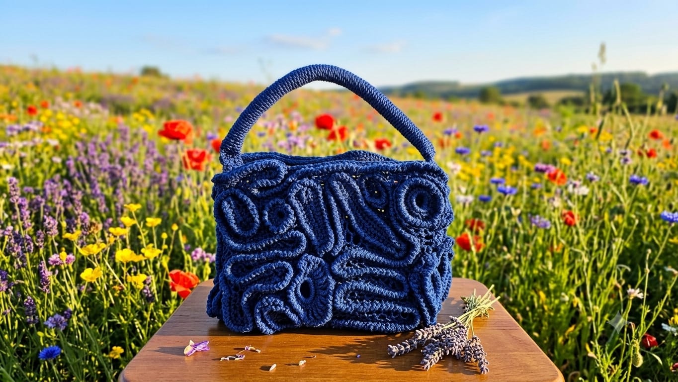 Royal sapphire blue sculpted floral crochet handbag