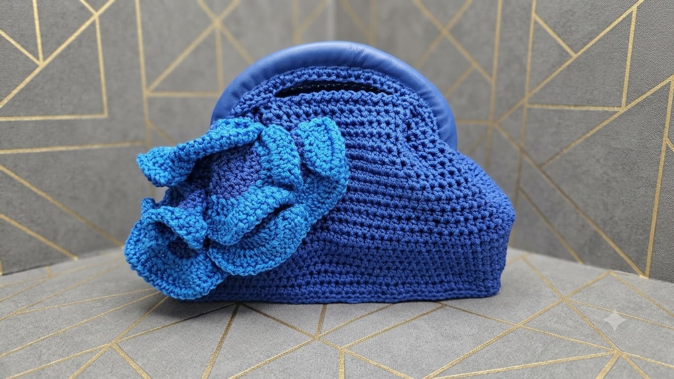 Azure blue crochet frame clutch with leather handle and layered blossom
