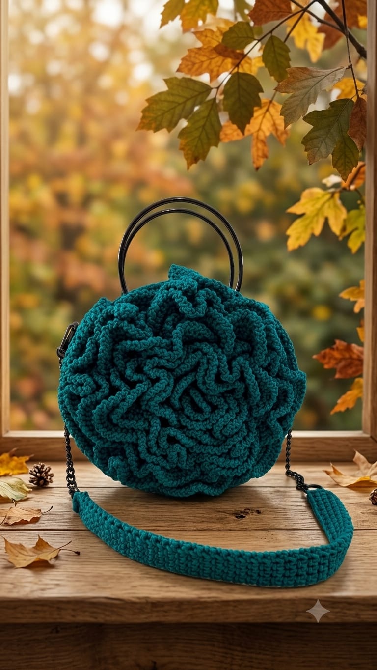 Circular emerald teal crochet rose bag with round black handles