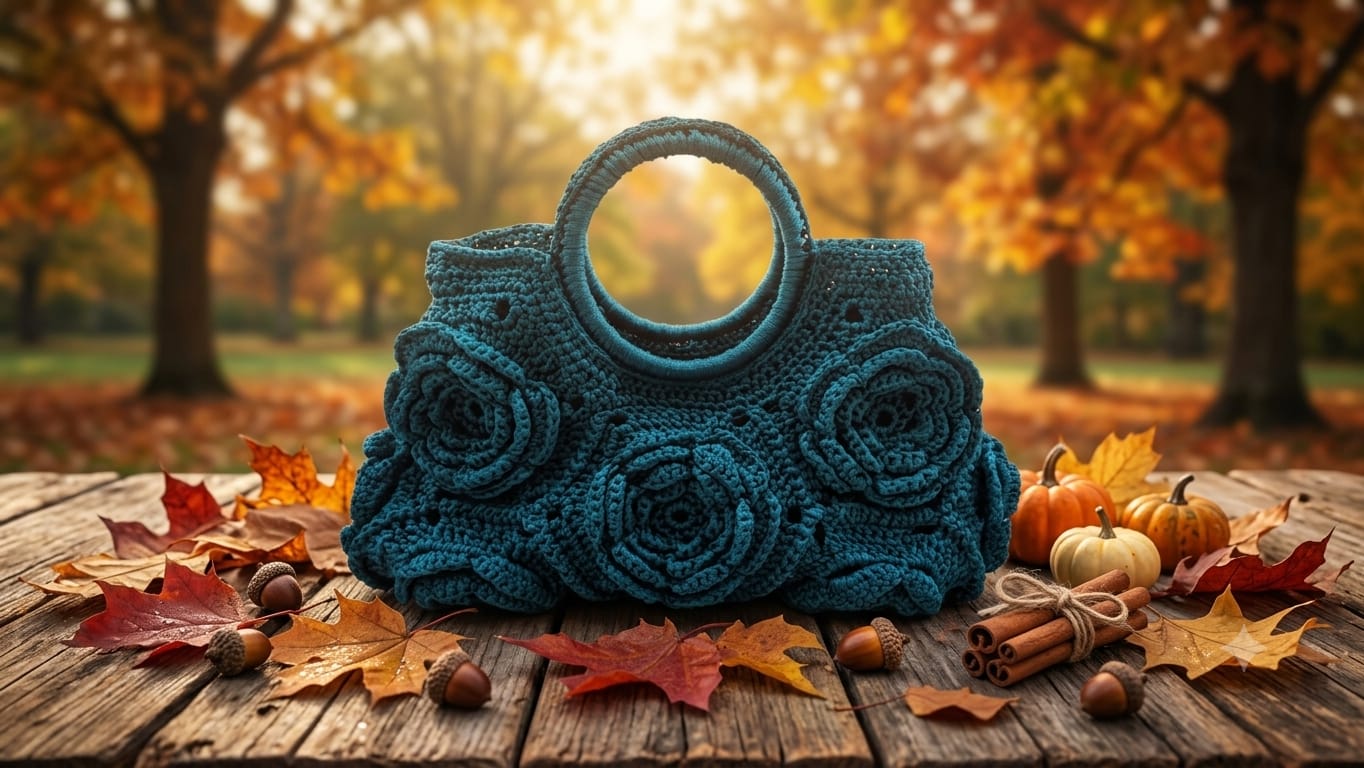 Sculptural teal crochet handbag with blooming roses and circular handles