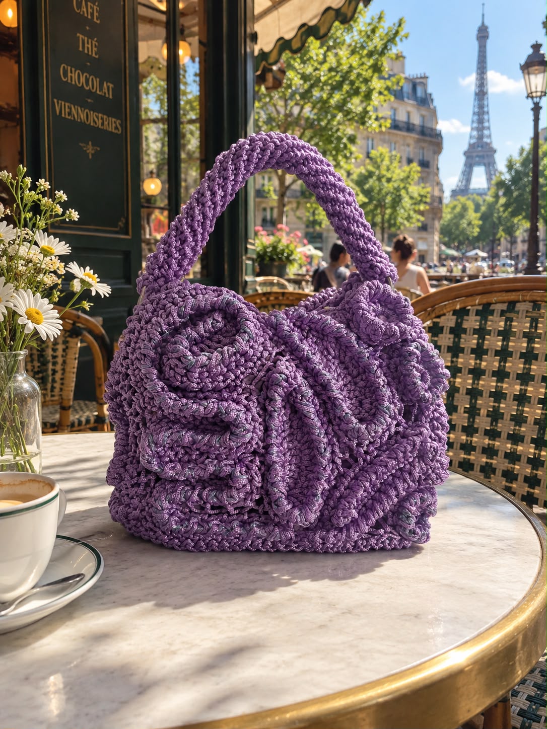 Lavender lilac sculpted floral crochet handbag