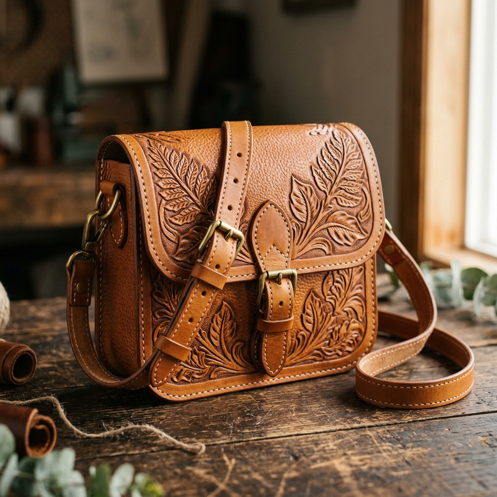 Handcrafted tan leather crossbody bag