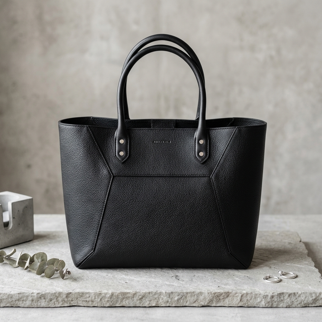 Minimalist black pebbled leather tote bag